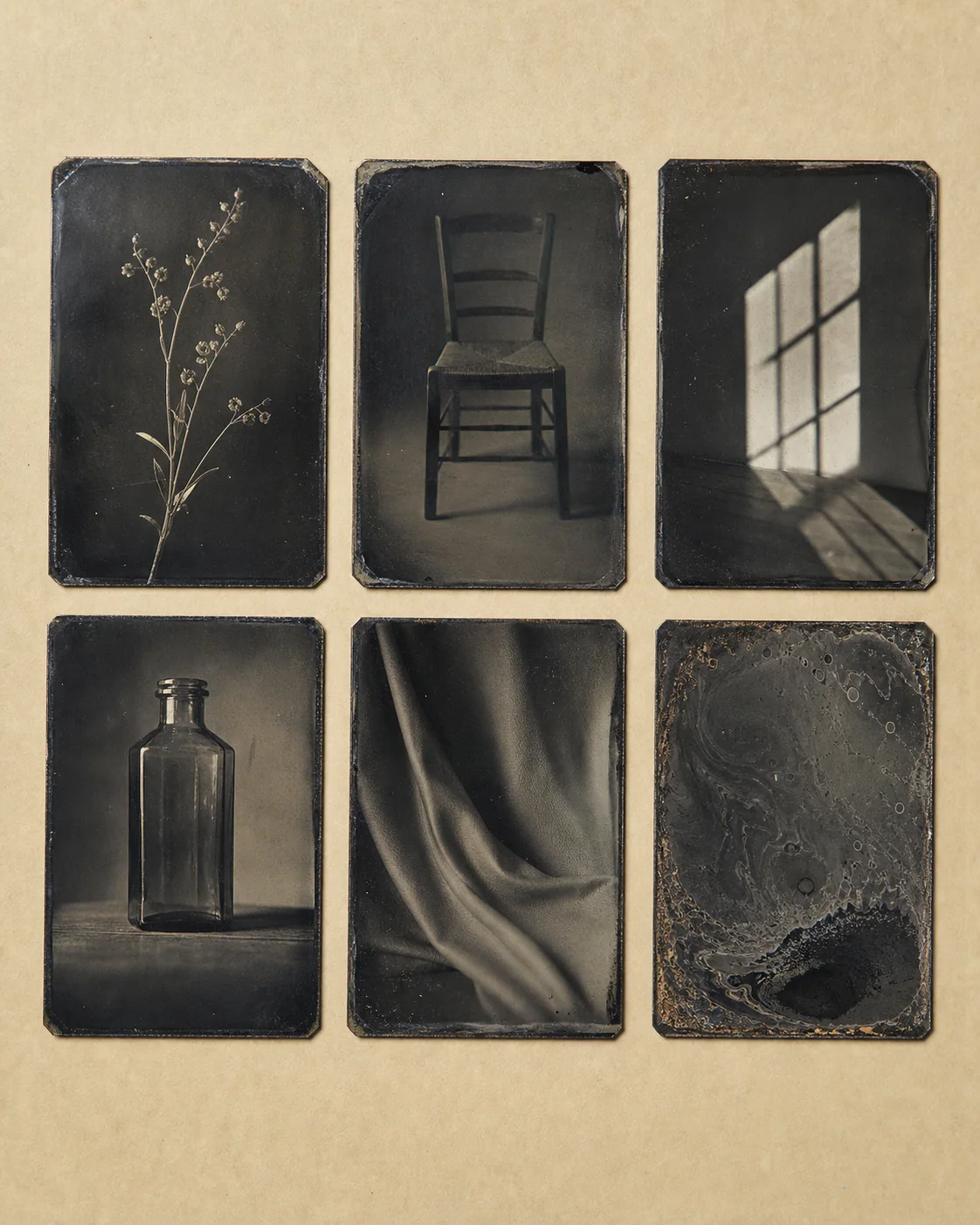 Six original non-portrait tintype specimen studies showing a botanical stem, chair, window light, bottle, fabric, and chemistry variation.